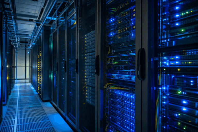 Interior de un centro de datos con filas de servidores y luces LED azules