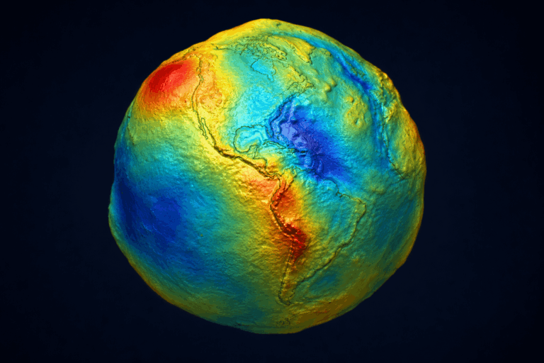 Representación visual de la Tierra con su forma de geoide destacando las variaciones en la superficie
