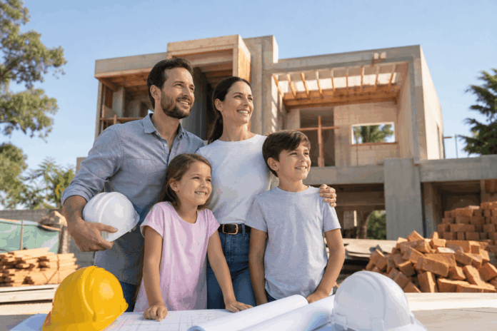 Familia frente a casa en construcción mostrando planos y cascos de seguridad en un terreno despejado