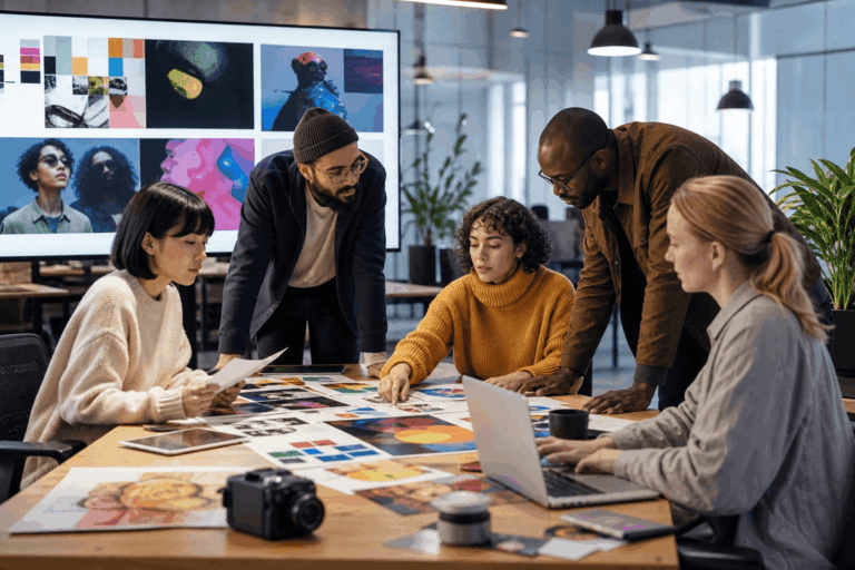 Profesionales creativos colaborando en una oficina moderna con elementos visuales de publicidad