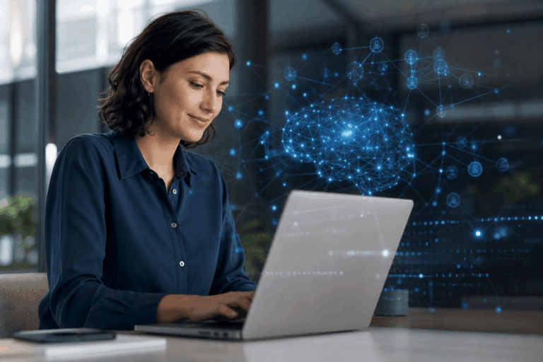 Persona trabajando en una computadora portátil en una oficina con gráficos digitales que simbolizan inteligencia artificial
