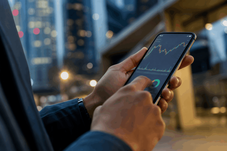 Persona usando la aplicación de Mercado Pago en un teléfono móvil, mostrando gráficos financieros en la pantalla.