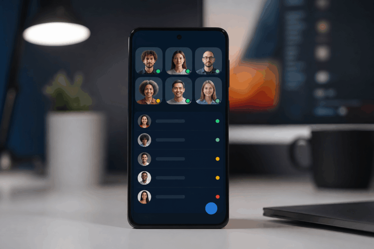 Smartphone Android con pantalla mostrando una aplicación de gestión de contactos