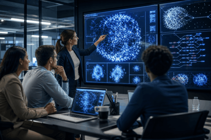 Equipo de profesionales tecnológicos trabajando con pantallas que muestran datos y gráficos relacionados con inteligencia artificial