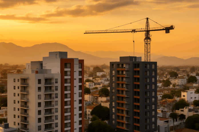Vista panorámica de edificios residenciales y una grúa de construcción en una ciudad mexicana al atardecer.